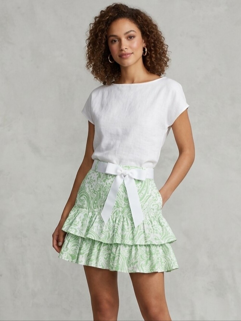 INC Tiered Paisley Mini Skirt in Mint Green with Ribbon Belt 100% Cotton